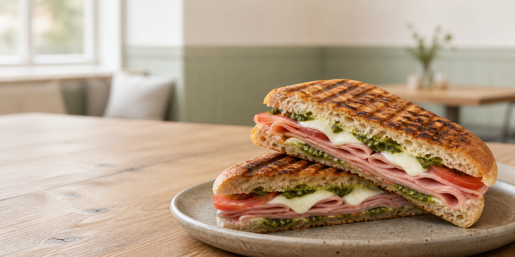 Rostad focaccia-smörgås med skinka, ost och pesto