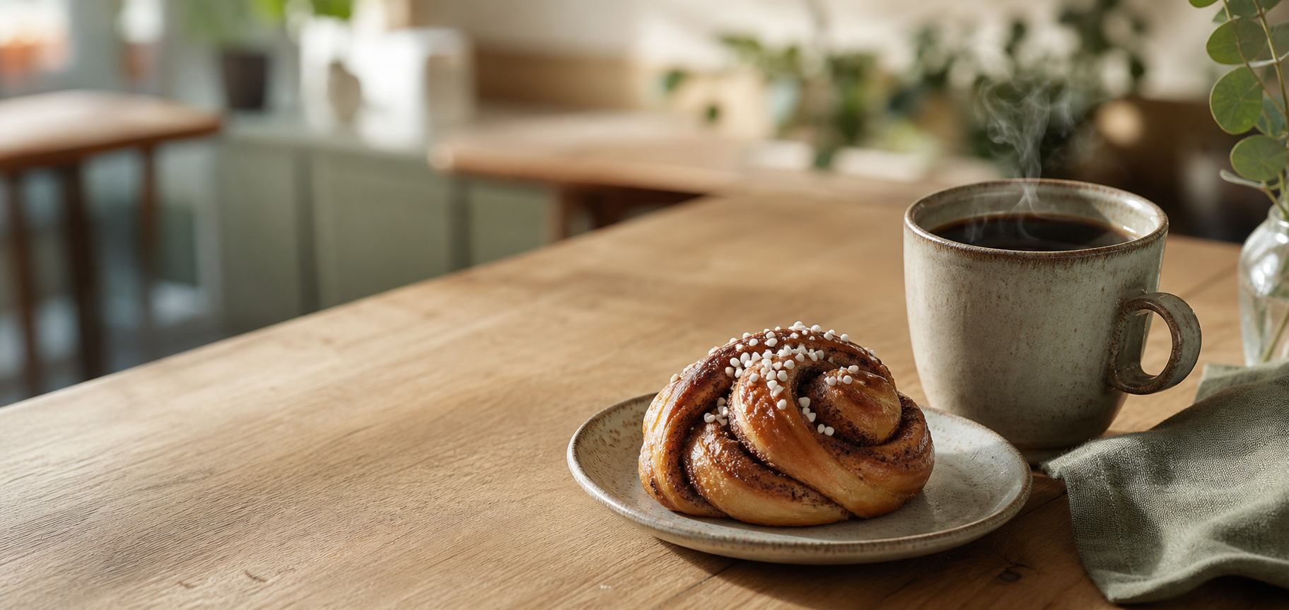 Nybryggd kaffe med latte art och en kanelbulle på ett ljust träbord